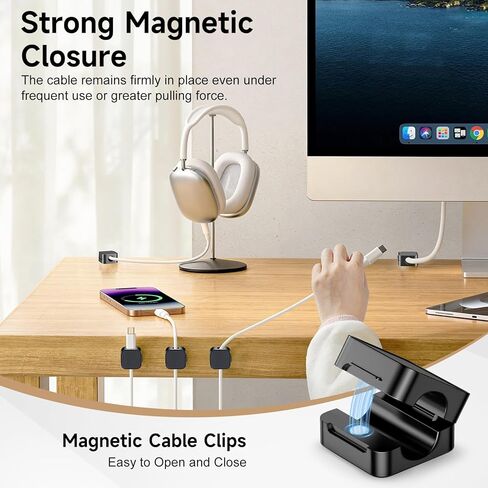 10 Pack Magnetic Cable Clips, Cord Organizer with Strong Adhesive Cord Holder for Nightstand, Desk, Home Office, Car, Phone Charger, USB, HDMI Cable Holder, Black in Saudi Arabia