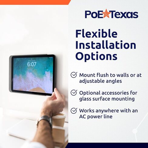 حامل جداري لجهاز iPad من PoE Texas الجيل العاشر من الألومنيوم الأسود لغرفة الاجتماعات والمكتب مع قاعدة تثبيت على سطح الكمبيوتر اللوحي مع مؤشر حالة LED مع تطبيق Dash - يتضمن محول تيار متردد داخل الجدار إلى USB-C in Kuwait
