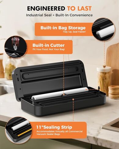 Vacuum Sealer for Food, 95kPa Food Saver Machine, 135W Fast-Sealing with Easy Tear Cutter, Built-in Bag Storage, 9-in-1 Compact with 10 ft Bag Roll in Saudi Arabia