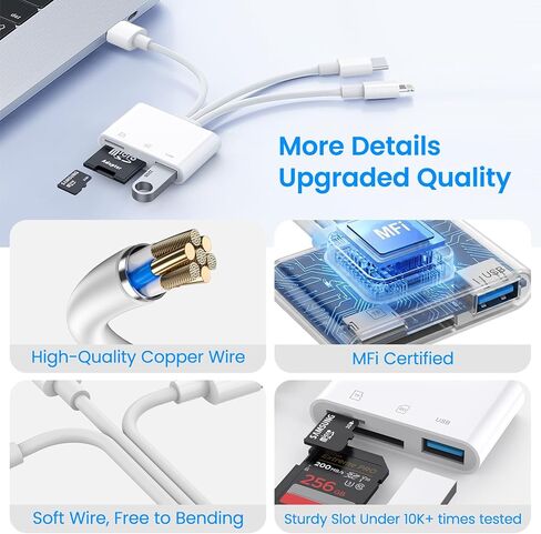 قارئ بطاقة SD لجهاز iPhone iPad Mac، USB-C & Lightning & USB-A 3 في 1 محول MicroSD/SD، توصيل وتشغيل عالي السرعة قارئ بطاقة ذاكرة USB C للكاميرا الرقمية، كمبيوتر محمول USB-A in Saudi Arabia