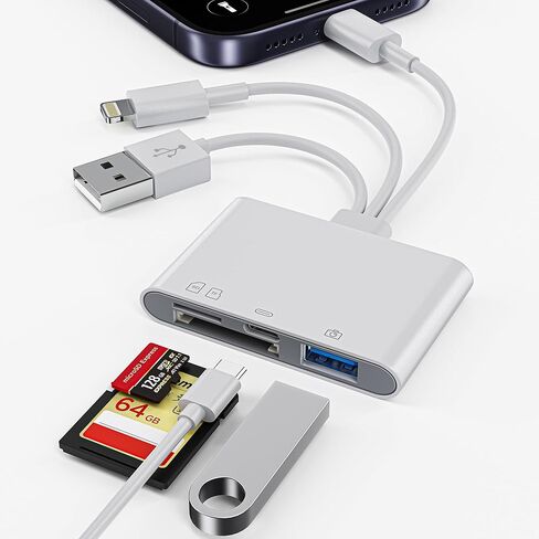 قارئ بطاقات SD 4 في 1 لأجهزة iPhone/iPad/Mac، قارئ بطاقات ذاكرة USB-C/Lightning/USB-A، نقل الصور من الكاميرا الرقمية بطاقة SD/TF إلى الهاتف، محول USB OTG متعدد المنافذ متوافق مع محرك فلاش in Kuwait