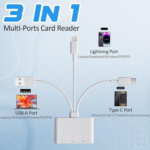 قارئ بطاقات SD 4 في 1 لأجهزة iPhone/iPad/Mac، قارئ بطاقات ذاكرة USB-C/Lightning/USB-A، نقل الصور من الكاميرا الرقمية بطاقة SD/TF إلى الهاتف، محول USB OTG متعدد المنافذ متوافق مع محرك فلاش in Kuwait