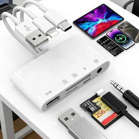 قارئ بطاقات ذاكرة عالمي 5 في 1، محول 3 في 1 USB C/Lightning/USB A إلى SD/TF مع مقبس سماعة رأس مقاس 3.5 مم ومنفذ طاقة Lightning (للشحن فقط)، متوافق مع iPhone وiPad وAndroid والكمبيوتر اللوحي in Kuwait