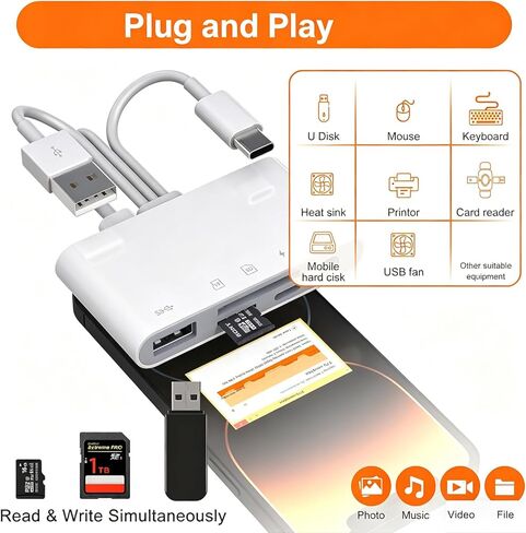 قارئ بطاقات ذاكرة عالمي 5 في 1، محول 3 في 1 USB C/Lightning/USB A إلى SD/TF مع مقبس سماعة رأس مقاس 3.5 مم ومنفذ طاقة Lightning (للشحن فقط)، متوافق مع iPhone وiPad وAndroid والكمبيوتر اللوحي in Kuwait