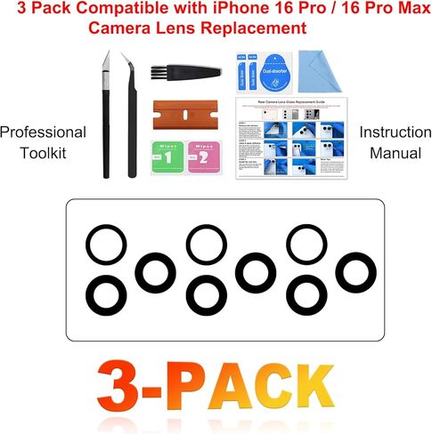 3-Pack Rear Camera Lens Glass Replacement Kit Compatible with iPhone 16 Pro & 16 Pro Max, with Pre-installed Tape + Repair Tools + Instruction Manual in Saudi Arabia