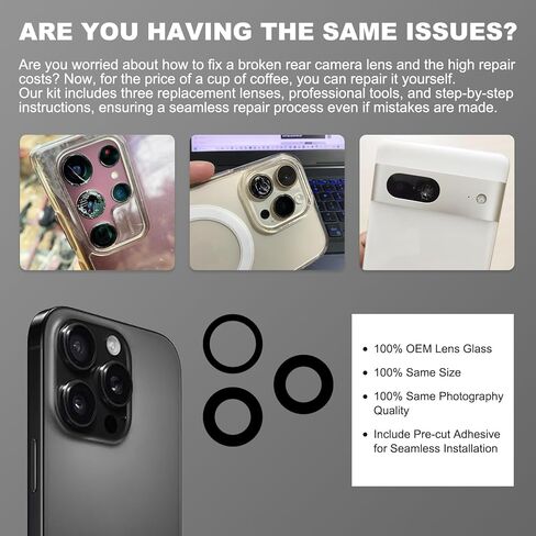 3-Pack Rear Camera Lens Glass Replacement Kit Compatible with iPhone 16 Pro & 16 Pro Max, with Pre-installed Tape + Repair Tools + Instruction Manual in Saudi Arabia