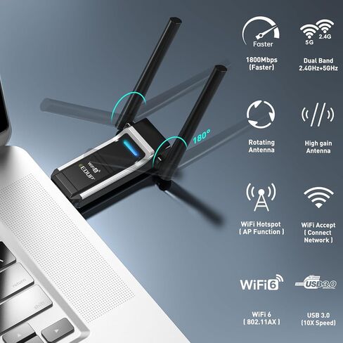 محول شبكة لاسلكية EDUP USB 3.0 WiFi 6 AX1800Mbps للكمبيوتر الشخصي، التوصيل والتشغيل، IEEE 802.11ax 5 جيجا هرتز/ 2.4 جيجا هرتز USB Wi-Fi Dongle، متوافق مع Windows 11/10، برنامج تشغيل مجاني، بطاقة شبكة لاسلكية in Saudi Arabia