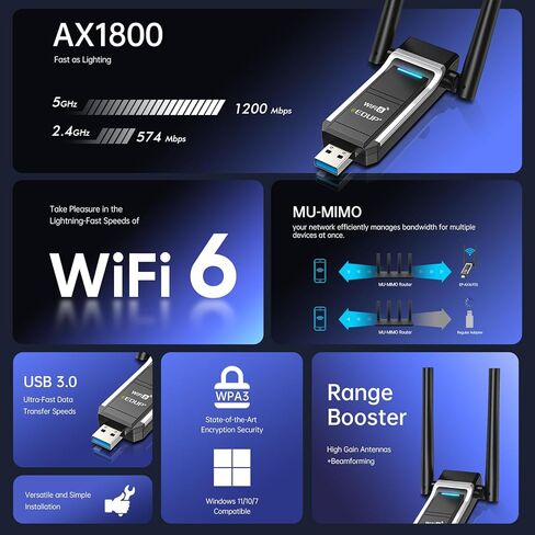 محول شبكة لاسلكية EDUP USB 3.0 WiFi 6 AX1800Mbps للكمبيوتر الشخصي، التوصيل والتشغيل، IEEE 802.11ax 5 جيجا هرتز/ 2.4 جيجا هرتز USB Wi-Fi Dongle، متوافق مع Windows 11/10، برنامج تشغيل مجاني، بطاقة شبكة لاسلكية in Saudi Arabia