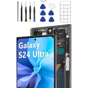 قطعة بديلة لشاشة OLED لهاتف Samsung Galaxy S24 Ultra 5G مع إطار ومستشعر بصمة الإصبع - تتضمن مجموعة أدوات كاملة ودليل التثبيت (أسود) in Kuwait