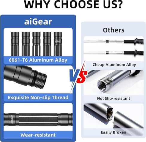 عصا aiGear G2 التكتيكية للمشي لمسافات طويلة، طاقم مشي قابل للتعديل للخدمة الشاقة مكون من 6-8 أقسام للرجال والنساء، أقطاب الرحلات المصنوعة من الألومنيوم مع أداة متعددة للتخييم والخوض في الدفاع عن النفس in Saudi Arabia