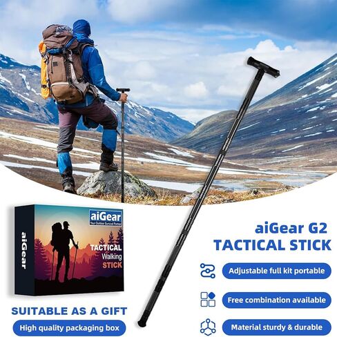 عصا aiGear G2 التكتيكية للمشي لمسافات طويلة، طاقم مشي قابل للتعديل للخدمة الشاقة مكون من 6-8 أقسام للرجال والنساء، أقطاب الرحلات المصنوعة من الألومنيوم مع أداة متعددة للتخييم والخوض في الدفاع عن النفس in Saudi Arabia
