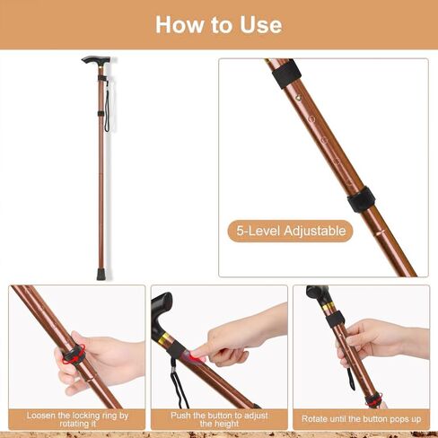 5-Section Folding Trekking Pole Lightweight Adjustable Stick with Locking Mechanism Telescopic Hiking Pole for Seniors Hikers Travel Brown in Saudi Arabia