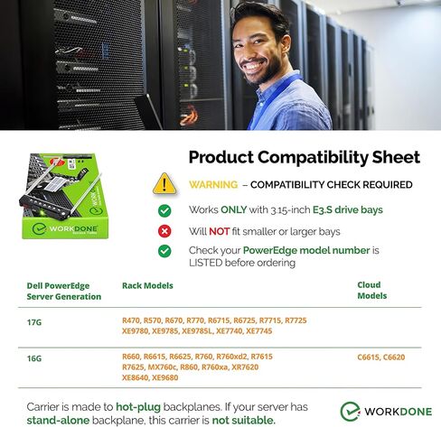 WORKDONE E3.S Drive Caddy - NV2RX متوافق مع خوادم Dell PowerEdge مع خليج E3.S - الجيل السابع عشر XE9780، XE9785، XE9785L، XE7740، XE7745، XE8640، XE9680 - صينية NVMe SSD مع ملصقات أمامية in Kuwait
