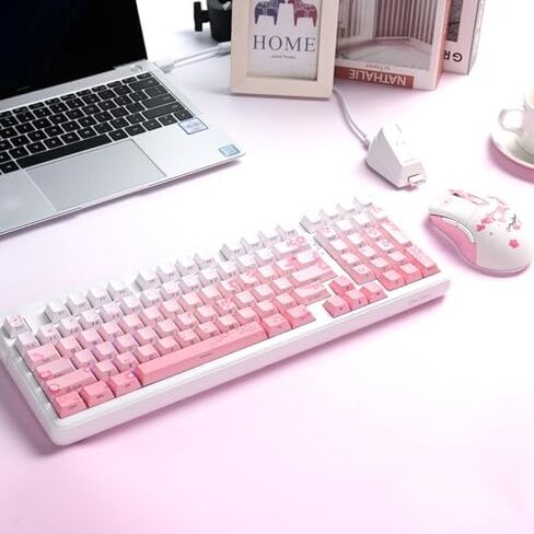 DAREU EK98pro Sakura Pink لوحة مفاتيح ميكانيكية لاسلكية وماوس ألعاب لاسلكي مع قاعدة شحن كومبو (HiFi Dream Switch) in Saudi Arabia