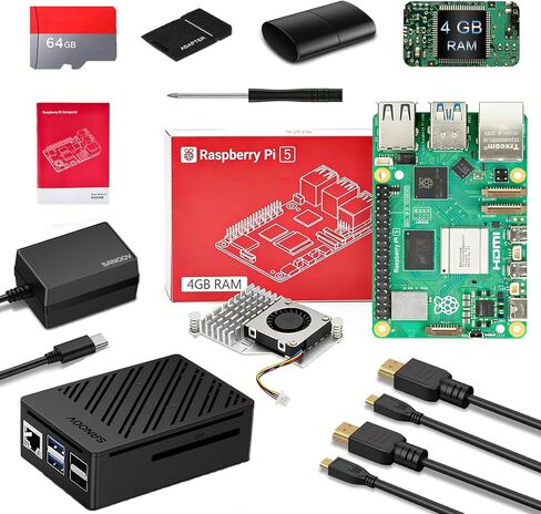 مجموعة Raspberry Pi 5 4 جيجابايت مع مبرد نشط إصدار 64 جيجابايت، ومصدر طاقة 27 وات GaN 5.1V5A USB-C، ولوحة Pi5 4 جيجابايت، ومجموعة قارئات بطاقات 64 جيجابايت، وحقيبة Pi 5 ABS، وكابلات إخراج Micro HD مزدوجة 4K ودليل المستخدم in Kuwait
