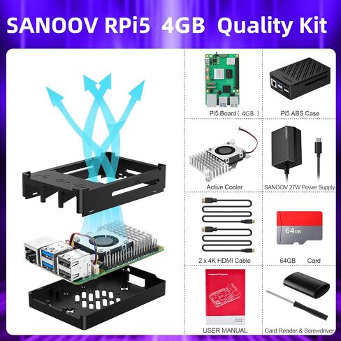 مجموعة Raspberry Pi 5 4 جيجابايت مع مبرد نشط إصدار 64 جيجابايت، ومصدر طاقة 27 وات GaN 5.1V5A USB-C، ولوحة Pi5 4 جيجابايت، ومجموعة قارئات بطاقات 64 جيجابايت، وحقيبة Pi 5 ABS، وكابلات إخراج Micro HD مزدوجة 4K ودليل المستخدم in Kuwait