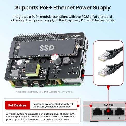 لوحة توسيع PoE+ M.2 NVMe لـ Raspberry Pi 5، 802.3 عند قبعة الطاقة عبر إيثرنت مع فتحة PCIe M-Key SSD، تدعم مخرج 2230/2242/2260/2280، 5V/4.5A لـ NAS وIoT (Pi غير متضمن) in Kuwait