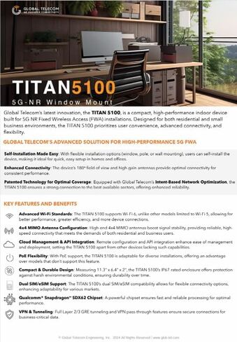 جهاز توجيه الوصول اللاسلكي الثابت TITAN 5100 5G CPE، داخلي/خارجي، اتصال عالي السرعة يصل إلى 3.6 جيجابت في الثانية، حامل على النافذة/الجدار/العمود، الناقل مفتوح (متجدد) in Saudi Arabia