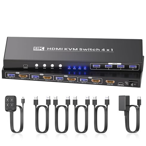 HDMI KVM Switch 1 Monitor 4 Computers, 4-Port USB 3.0 HDMI KVM Switch with 8K@60Hz 4K@120Hz Support, Designed for 4 PCs to Share 1 Set of Keyboard, Mouse and Monitor in Saudi Arabia