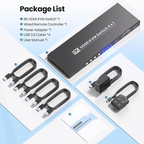 HDMI KVM Switch 1 Monitor 4 Computers, 4-Port USB 3.0 HDMI KVM Switch with 8K@60Hz 4K@120Hz Support, Designed for 4 PCs to Share 1 Set of Keyboard, Mouse and Monitor in Saudi Arabia