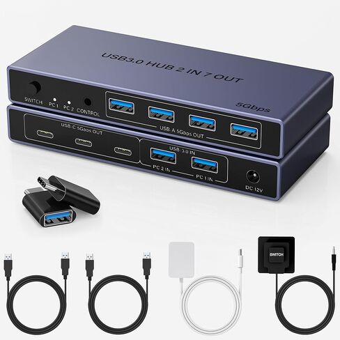 محول USB 3.0 2 في 7 مخارج، محول USB لجهازي كمبيوتر يشاركان 7 أجهزة USB (4 USB-A + 3 USB-C)، مفاتيح USB لمشاركة لوحة المفاتيح والماسح الضوئي للطابعة مع محول USB-C ذكر، وحدة تحكم، محول طاقة in Saudi Arabia