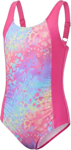 Haloumoning Girl Swimsuit Kids Ruched Adjustable Straps One Piece Bathing Suit Cute Printed Quick Dry Swimwear 5-14 Years in Saudi Arabia