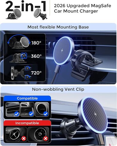 Estbuc 2-in-1 15W Magsafe Car Mount Charger, Magnetic Wireless Car Charger, 360° Dashboard & Air Vent Phone Mount, Phone Holders for Your Car, Car Accessories for Men Women for iPhone 17-12 in Saudi Arabia