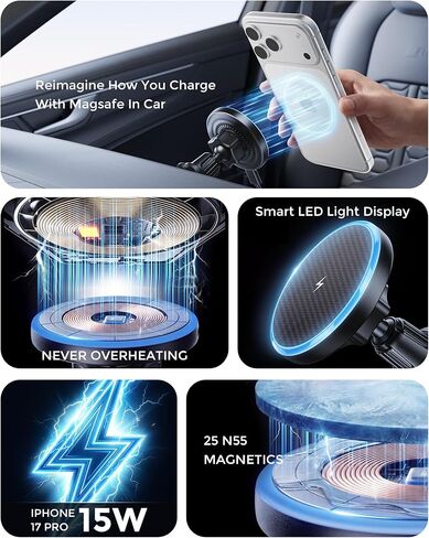 Estbuc 2-in-1 15W Magsafe Car Mount Charger, Magnetic Wireless Car Charger, 360° Dashboard & Air Vent Phone Mount, Phone Holders for Your Car, Car Accessories for Men Women for iPhone 17-12 in Saudi Arabia