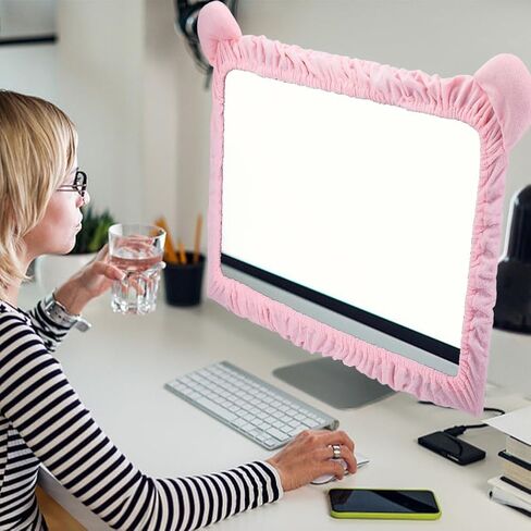 CREATCABIN 23 "-27" غطاء شاشة الكمبيوتر Kawaii مع تصميم أذن القطة الوردي شاشة الكمبيوتر الغطاء الواقي شاشة مرنة ضد الغبار عرض فروي Bowknot الديكور للكمبيوتر اللوحي الكمبيوتر المحمول تلفزيون LCD in Saudi Arabia
