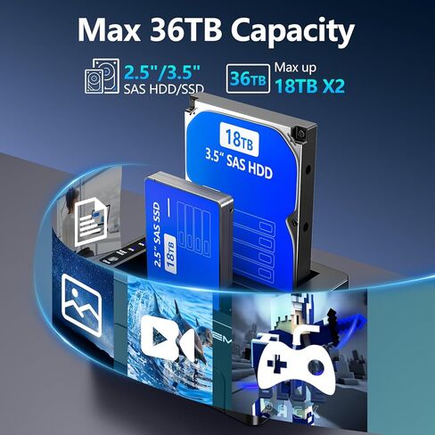 SAS to USB 3.0 Hard Drive Docking Station, SAS Dual Bay Hard Drive Duplicator for 2.5/3.5 SSD HDD with Offline Cloner Function,Plug and Play,Support up to 36TB in Saudi Arabia