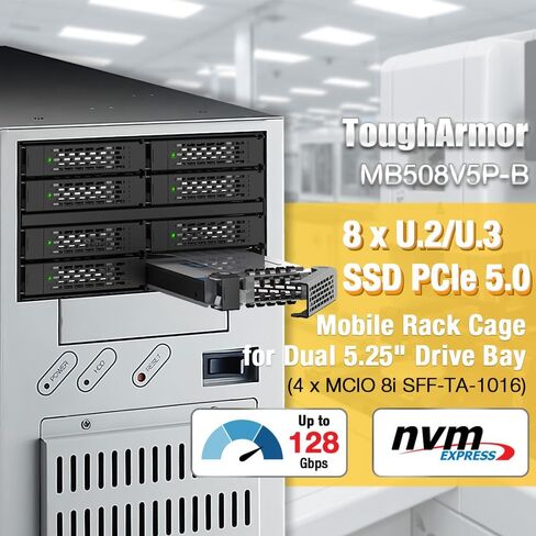 ICY DOCK ToughArmor MB508V5P-B 8-Bay 15 mm U.2/U.3 NVMe SSD قفص حامل متنقل لخليج محرك مزدوج 5.25 بوصة (4 x MCIO 8i SFF-TA-1016) in Saudi Arabia