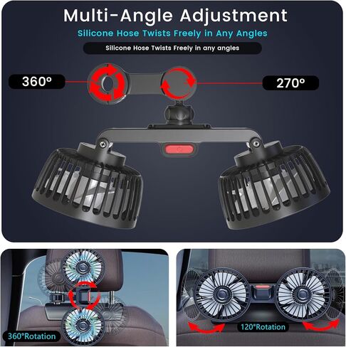 USB Car Cooling Fans for Backseat,Dual Head Car Fan for Kids,360° Rotatable Headrest Fans,3-Speed,Ultra-Quiet, 5V Powerful Electric Air Circulation Fan for SUV Truck Sedan in Saudi Arabia