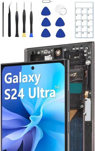 قطعة بديلة لشاشة OLED لهاتف Samsung Galaxy S24 Ultra 5G مع إطار ومستشعر بصمة الإصبع - تتضمن مجموعة أدوات كاملة ودليل التثبيت (أسود) in Kuwait