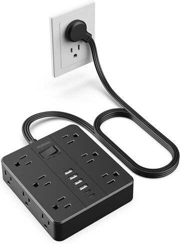 Flat Plug Power Strip Surge Protector, HUNIAN 5 Ft Extension Cord with 12 Widely Spaced Multiple Outlets 6 USB Charger (2 USB C Ports), Desk Charging Station for Home Office Supplies, Black in Kuwait