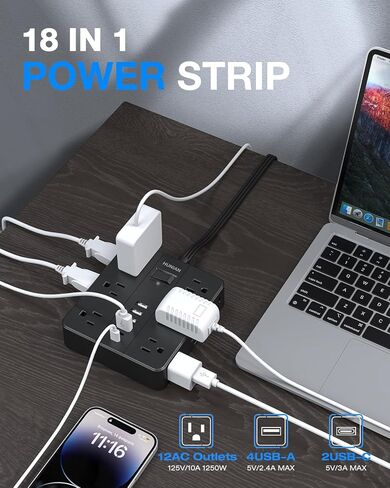 Flat Plug Power Strip Surge Protector, HUNIAN 5 Ft Extension Cord with 12 Widely Spaced Multiple Outlets 6 USB Charger (2 USB C Ports), Desk Charging Station for Home Office Supplies, Black in Kuwait