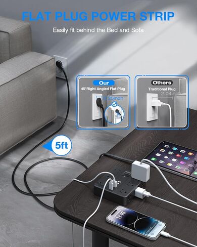 Flat Plug Power Strip Surge Protector, HUNIAN 5 Ft Extension Cord with 12 Widely Spaced Multiple Outlets 6 USB Charger (2 USB C Ports), Desk Charging Station for Home Office Supplies, Black in Kuwait