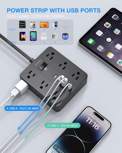 Flat Plug Power Strip Surge Protector, HUNIAN 5 Ft Extension Cord with 12 Widely Spaced Multiple Outlets 6 USB Charger (2 USB C Ports), Desk Charging Station for Home Office Supplies, Black in Kuwait