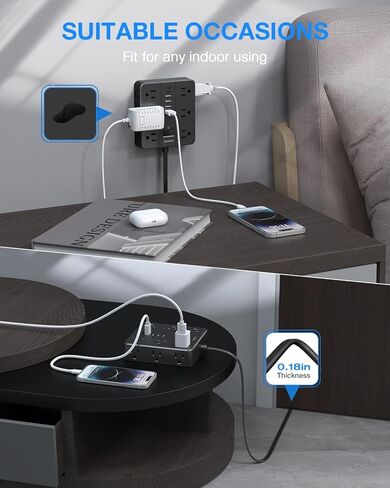 Flat Plug Power Strip Surge Protector, HUNIAN 5 Ft Extension Cord with 12 Widely Spaced Multiple Outlets 6 USB Charger (2 USB C Ports), Desk Charging Station for Home Office Supplies, Black in Kuwait