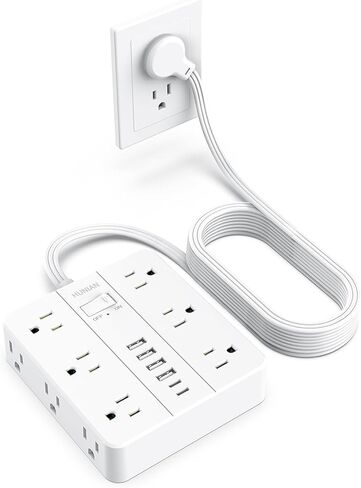 Flat Plug Power Strip Surge Protector, HUNIAN 5 Ft Extension Cord with 12 Widely Spaced Multiple Outlets 6 USB Charger (2 USB C Ports), Desk Charging Station for Home Office Supplies, Black in Saudi Arabia
