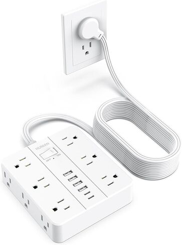 Flat Plug Power Strip Surge Protector, HUNIAN 5 Ft Extension Cord with 12 Widely Spaced Multiple Outlets 6 USB Charger (2 USB C Ports), Desk Charging Station for Home Office Supplies, Black in Kuwait