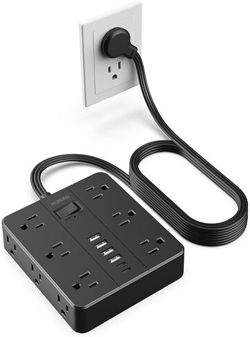 Flat Plug Power Strip Surge Protector, HUNIAN 5 Ft Extension Cord with 12 Widely Spaced Multiple Outlets 6 USB Charger (2 USB C Ports), Desk Charging Station for Home Office Supplies, Black in Kuwait