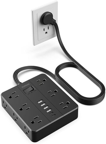 Flat Plug Power Strip Surge Protector, HUNIAN 5 Ft Extension Cord with 12 Widely Spaced Multiple Outlets 6 USB Charger (2 USB C Ports), Desk Charging Station for Home Office Supplies, Black in Kuwait