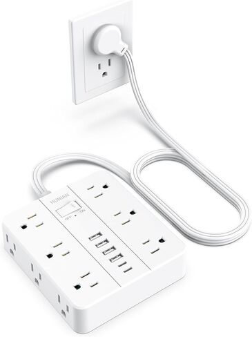 Flat Plug Power Strip Surge Protector, HUNIAN 5 Ft Extension Cord with 12 Widely Spaced Multiple Outlets 6 USB Charger (2 USB C Ports), Desk Charging Station for Home Office Supplies, Black in Kuwait