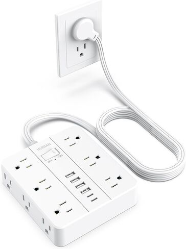 Flat Plug Power Strip Surge Protector, HUNIAN 5 Ft Extension Cord with 12 Widely Spaced Multiple Outlets 6 USB Charger (2 USB C Ports), Desk Charging Station for Home Office Supplies, Black in Kuwait