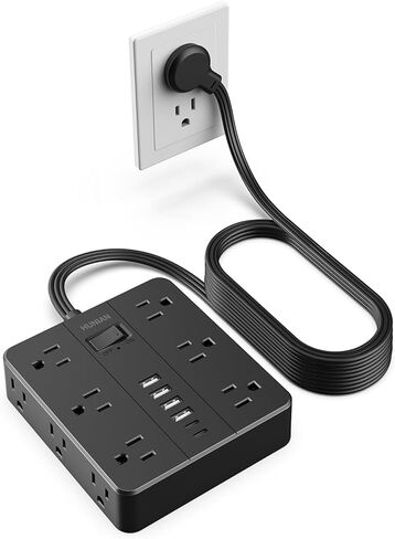 Flat Plug Power Strip Surge Protector, HUNIAN 5 Ft Extension Cord with 12 Widely Spaced Multiple Outlets 6 USB Charger (2 USB C Ports), Desk Charging Station for Home Office Supplies, Black in Kuwait
