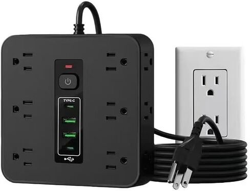 16-in-1 Surge Protector Power Strip with 12 AC Outlets, 4 USB Ports (2 USB-C & 2 USB-A) | 10A Overload Protection, Flat Plug Extension Cord for Home Office Gaming Travel (Black, 6FT) in Saudi Arabia