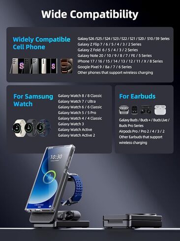 شاحن لاسلكي مغناطيسي 3 في 1 لهاتف سامسونج، محطة شحن أندرويد قابلة للطي لهاتف Galaxy S26/S25 Ultra /S24/Z Fold 7/Flip 7، حامل شاحن ساعة مغناطيسي لساعة Galaxy Watch Ultra 8/7/Buds 4 للسفر in Kuwait