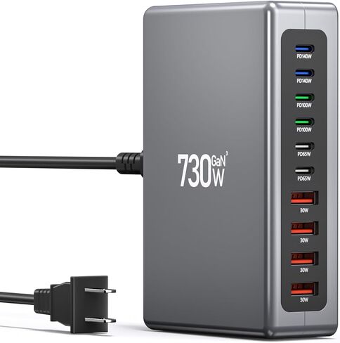 شاحن USB C بقوة 730 واط، محطة شحن USB، كتلة شاحن سريع 10 منافذ GaN [6 USBC+ 4 USBA]، محور شاحن متوافق مع أجهزة الكمبيوتر المحمول، MacBook، iPad، iPhone 17/16/15/14/13/Pro Max، Samsung Galaxy S24 S23 S22 in Kuwait