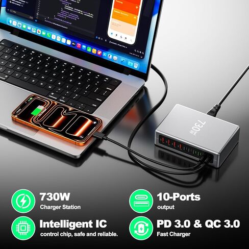 شاحن USB C بقوة 730 واط، محطة شحن USB، كتلة شاحن سريع 10 منافذ GaN [6 USBC+ 4 USBA]، محور شاحن متوافق مع أجهزة الكمبيوتر المحمول، MacBook، iPad، iPhone 17/16/15/14/13/Pro Max، Samsung Galaxy S24 S23 S22 in Kuwait