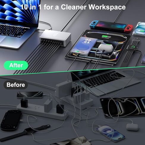 شاحن USB C بقوة 730 واط، محطة شحن USB، كتلة شاحن سريع 10 منافذ GaN [6 USBC+ 4 USBA]، محور شاحن متوافق مع أجهزة الكمبيوتر المحمول، MacBook، iPad، iPhone 17/16/15/14/13/Pro Max، Samsung Galaxy S24 S23 S22 in Kuwait